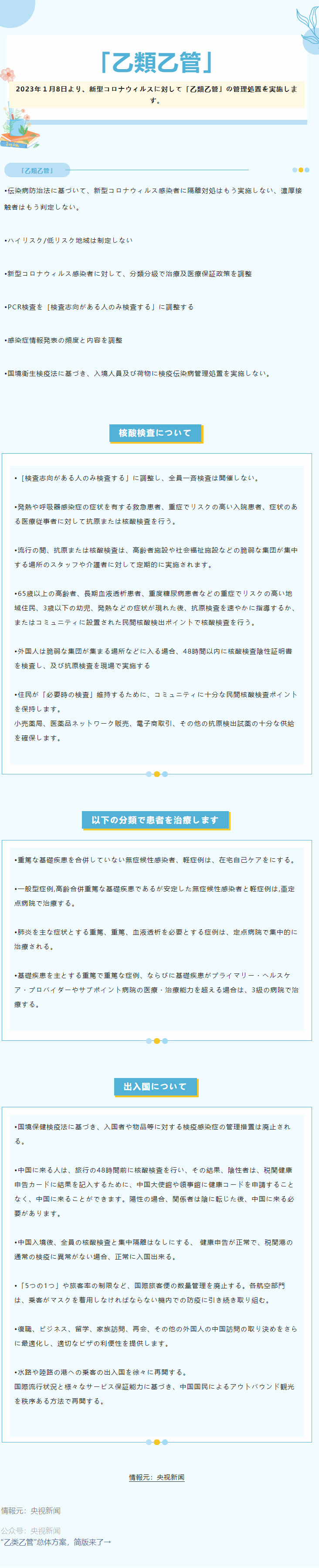 2023年１月8日より、新型コロナウィルスに対して「乙類乙管」の管理処置を実施します。